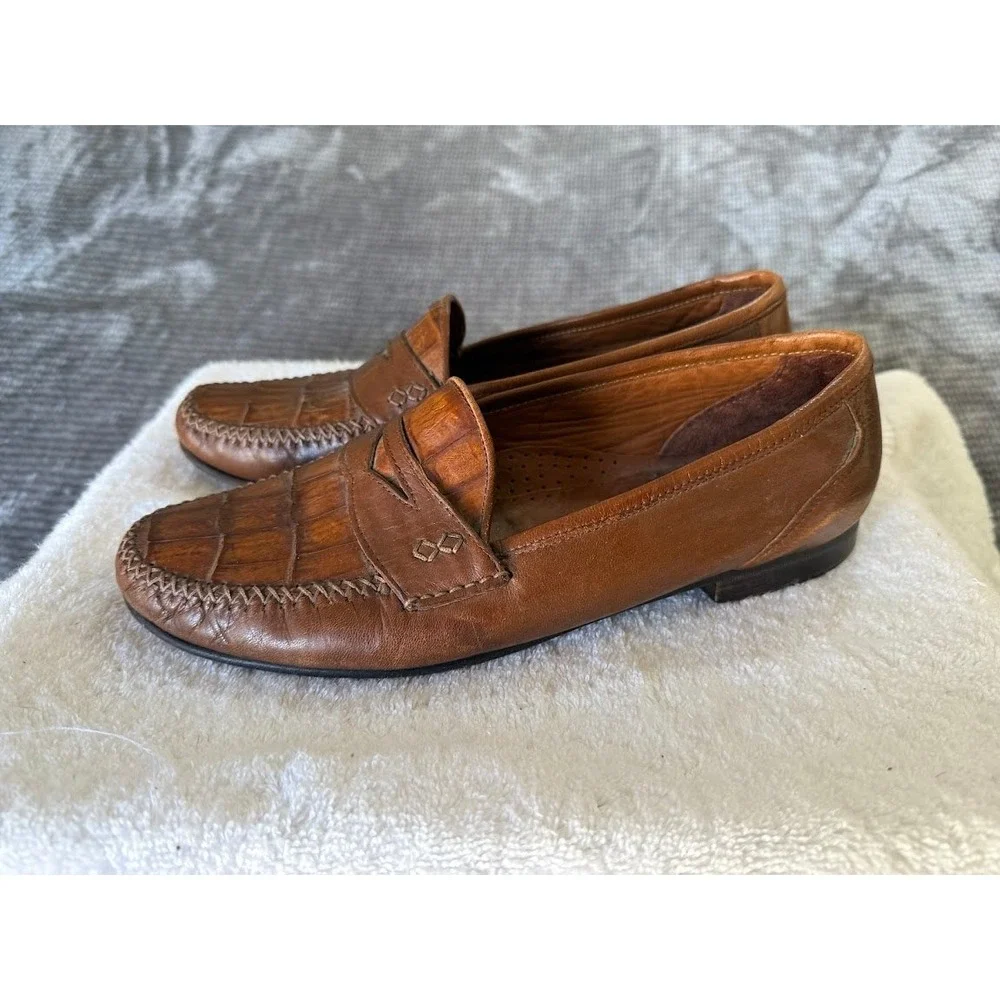 Michele Loisi Mens Brown Leather Penny Loafers Italy Alligator 9 M 24411‎